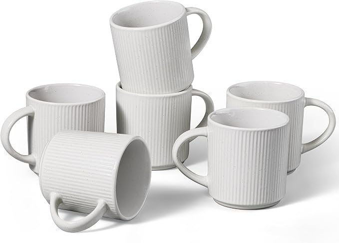 E-far 12 oz Coffee Mugs Set of 6, Stoneware Coffee Cups with Handle for Man Woman, Modern Ribbed Ceramic Tea Mugs for Latte Cocoa Milk, Microwave & Dishwasher Safe, Speckled White by E-far