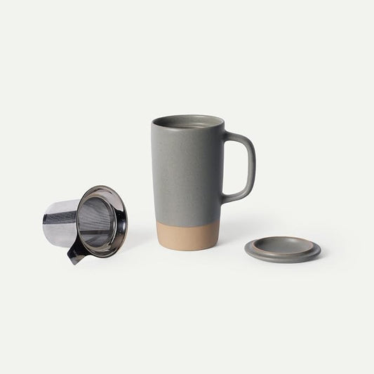 MORA Ceramics Large Tea Mug with Loose Leaf Infuser and Ceramic Lid, 18 oz, Portable, Microwave, Dishwasher Safe, Tall Coffee Cup - Rustic Matte Ceramic Glaze, Modern Herbal Tea Strainer, Peppercorn by MORA