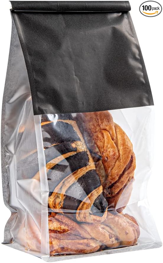 Bag Tek 5.1 x 4.1 x 11.2 Inch Tin Tie Bags With Windows, 100 Resealable Bakery Bags With Windows - Flat Bottom, For Cookies or Coffee Beans, Black Cotton Paper Tin Tie Bags - Restaurantware by Restaurantware