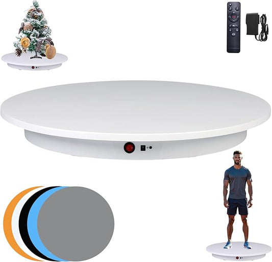 JAYEGT Motorized Rotating Display Stand, 350Lbs Load，360 Degree Electric Rotating Potography Turntable for Products Display，Live Show， Remote Control +5 Colors Backgrounds (White/23.6Inch/Wired)