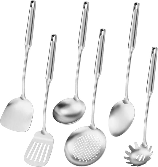 304 Stainless Steel Cooking Utensil,Kitchen Kitchen Utensil with Spatula, Solid Spoon, Ladle, Skimmer, Spaghetti Spoon, 6 Piece Set, Dishwasher Safe by Lazycorner