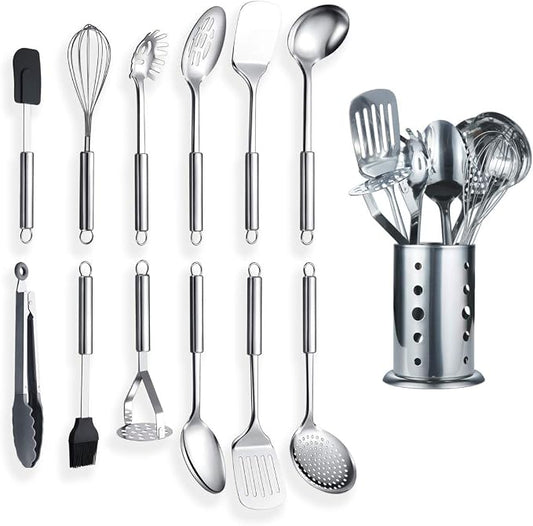 Berglander Cooking Utensil Set 13 Piece Stainless Steel Kitchen Tool Set with Holder, Include Cooking Spoon, Spatula, Whisk, Cooking Tong and etc. (13 Pieces) by Berglander