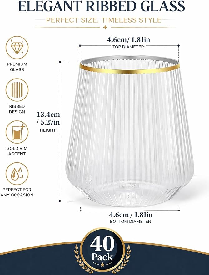 40 Pack 12oz Ribbed Gold Rim Disposable Wine Glasses, Plastic Cocktail Cup | Oojami Stemless Champagne Whiskey Cups, Shatterproof BPA-Free Reusable Recyclable, for Wedding Birthday Party Bar Events - Image 4