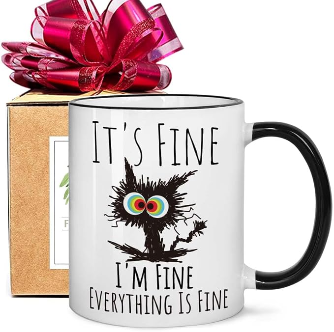FALJIOK Funny Cat Coffee Mug Gifts for Cat Lover, It's Fine I'm Fine Everything Is Fines Coffee Mug 11oz, Novelty Mugs Gift for Women Man, Cats Lover Birthday Christmas Mugs by FALJIOK
