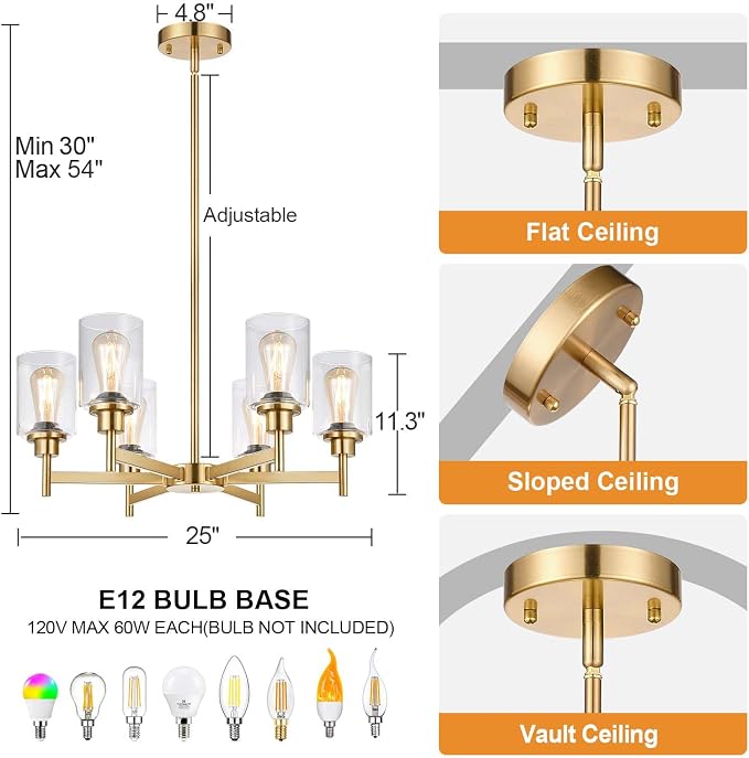 Lynnoland Brushed Gold Chandeliers, 6 Light Farmhouse Chandelier for Dining Room Light Fixtures Over Table, Hanging Light Fixture with Clear Glass Shade for Living Room Bedroom - Image 7