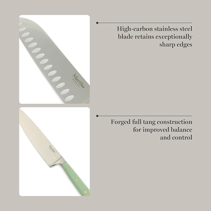 Martha Stewart 16-Piece Lockton High Carbon Stainless Steel Knife Block Set - Forged Full Tang Chef Knives, Acacia Wood Block, Triple Riveted Handles, Sage Green & Gold - Image 5