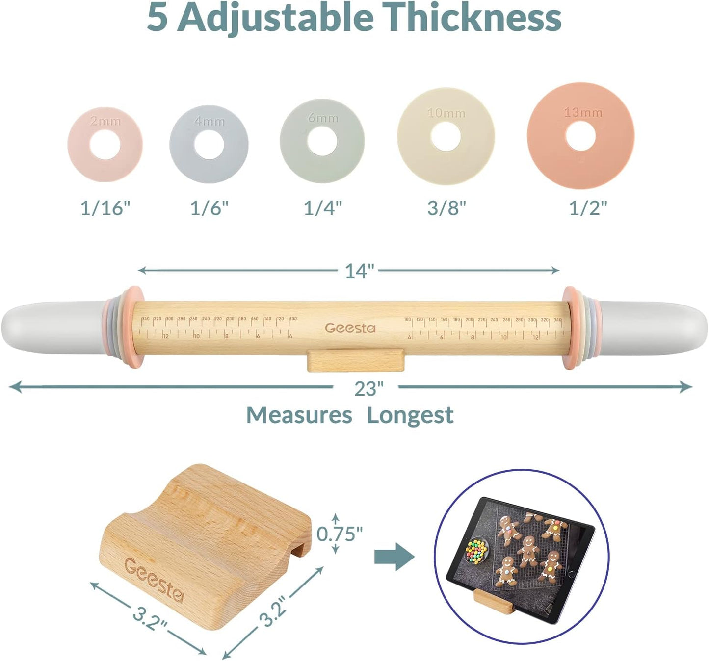 Adjustable Wooden Rolling Pin with Thickness Rings and Measurement Guide