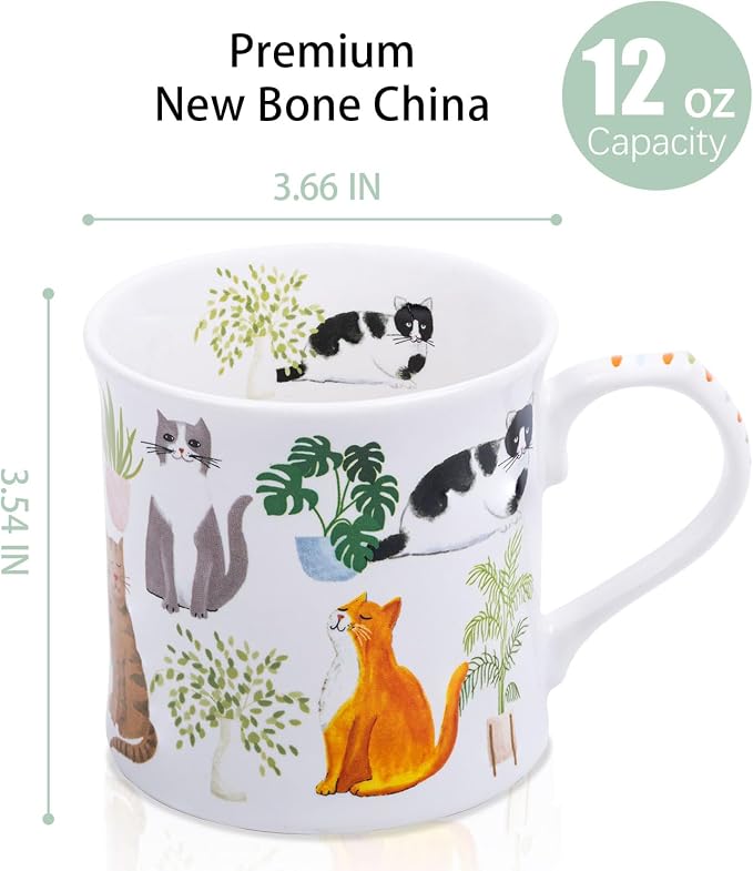 Cute Cats & Plants Coffee Mug - 12 oz Fine New Bone China Coffee Tea Cup with Kitten Design, Cat Mom Gifts for Women, Holiday Gift for Cat Lovers & Friends, Designed in England by Harvest Green Studio - Image 3