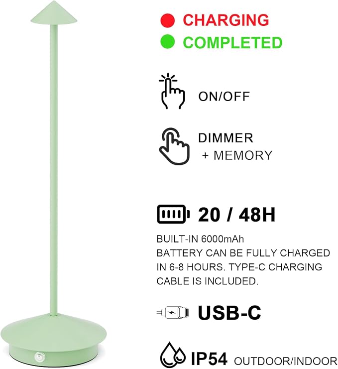 Cordless LED Table Lamps,Portable Battery Desk Lamp,2 Pack,Green | 6000mAh Rechargeable,3000K/4500K/6000K Touch Stepless Dimming,Aluminum IP54 Waterproof Wireless Lighting for Outdoor/Indoor - Image 6