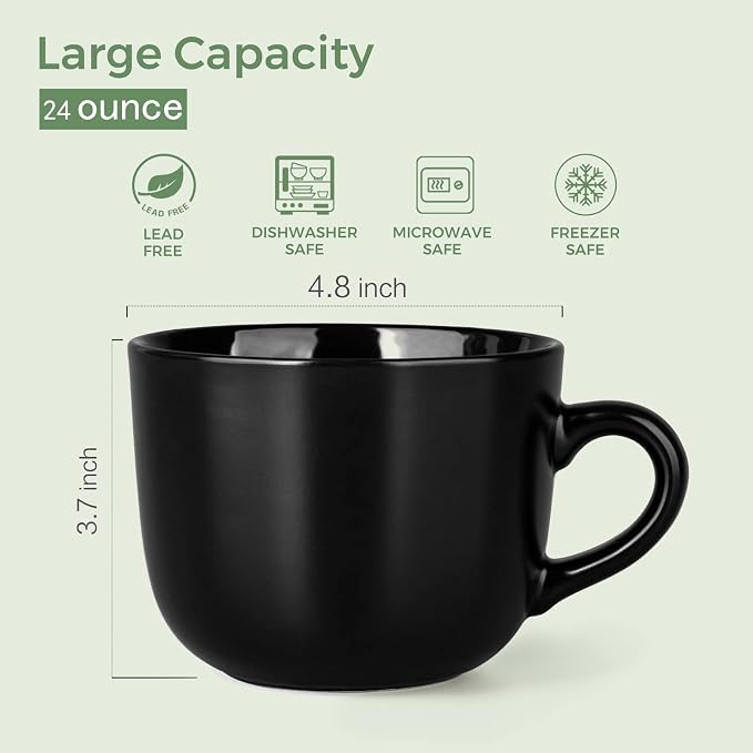AmorArc 24 oz Soup Mugs with Handles, Jumbo Ceramic Bowls Mugs Set with handles for Coffee Cereal Cappuccino Snacks, Microwave&Dishwasher safe Soup Cups for Meal-Black - Image 2