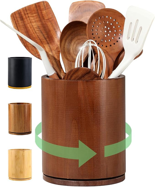 Walnut Utensil Holder, 360° Rotating 7.3 in Kitchen Organizer | Rustic farmhouse countertop decor. 360° rotating base holds spatulas, ladles, tongs, and cooking tools. Rich walnut finish by Unknown