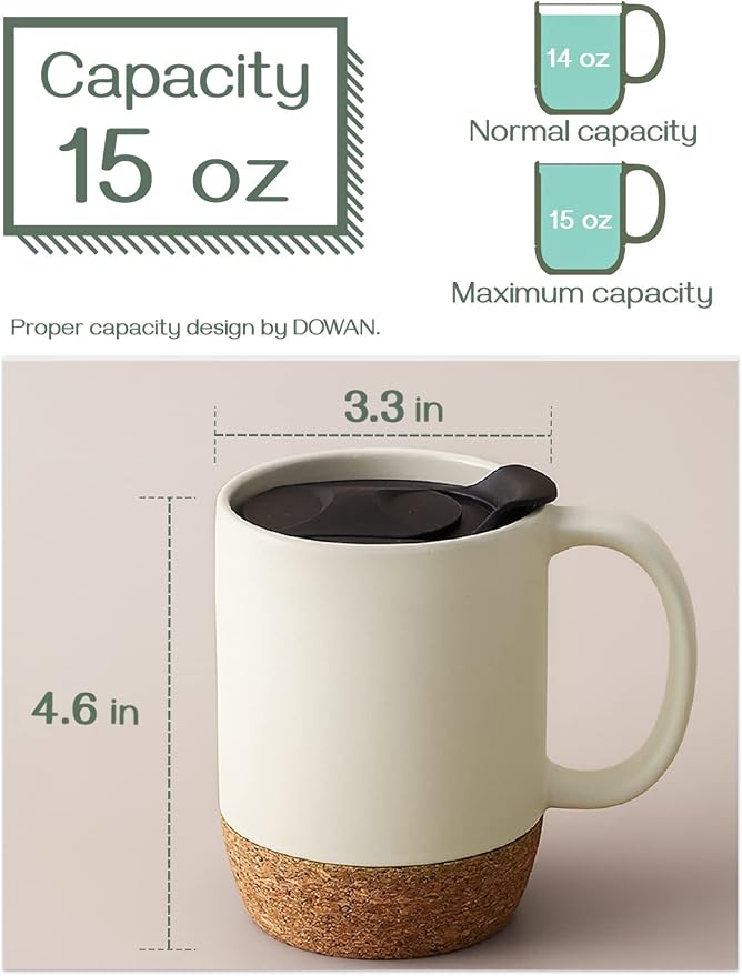 DOWAN Coffee Mugs Set of 2, 15 OZ Ceramic Mug with Cork Bottom and Splash Proof Lid, Large Coffee Cup with Handle for Tea Latte, Beige - Image 4