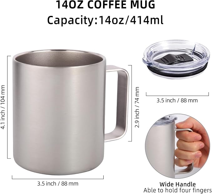 Volhoply 14oz Insulated Stainless Steel Coffee Mug with Lid Bulk 2 Pack,Double Wall Vacuum Travel Coffee Cup with Handle,Reusable Cups Tumbler,Camping Mugs Keep Hot&Cold,Ideal Gifts(MIX,2) - Image 2