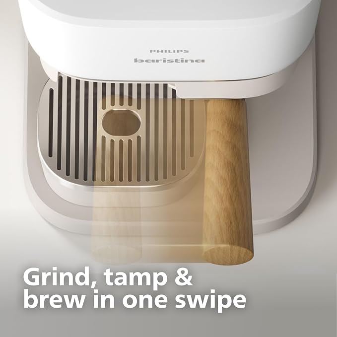 PHILIPS Baristina Espresso Machine, Grind, Tamp & Brew Coffee Beans in One Swipe, Compact, 16 Bar Pump Pressure, Automatic Grinder, Natural White with Ash Wood Portafilter (BAR302/20) - Image 3
