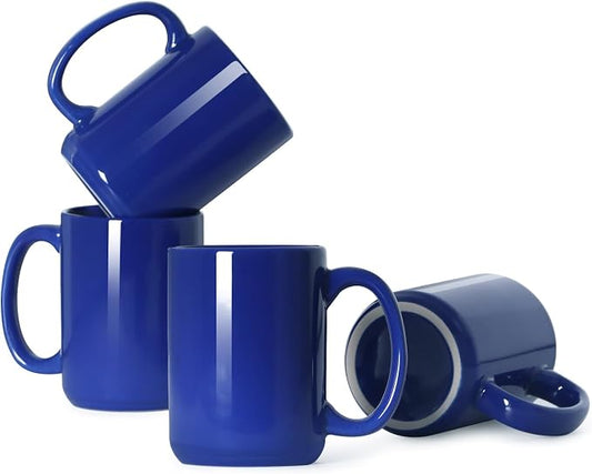 16 OZ Coffee Mugs, Classic Blank Ceramic Cup with Large Handle for Tea Latte Cappuccino, Set of 4, Blue by Smilatte