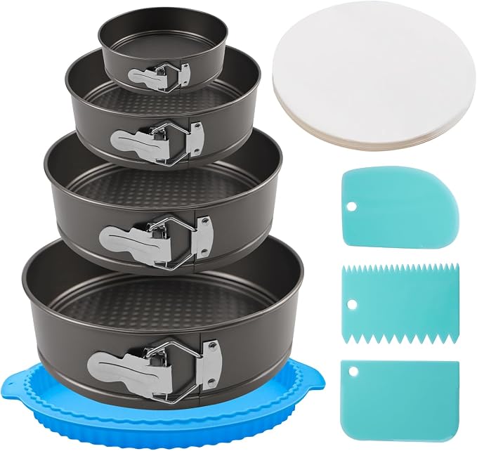 4, 7, 9, 10 Inches Springform Cake Pan Set, Spring Form Pans for Cheesecake, Nonstick Round Baking Pan Set with Silicone Protector, Parchment Paper, Icing Scrapers by SECALIFE