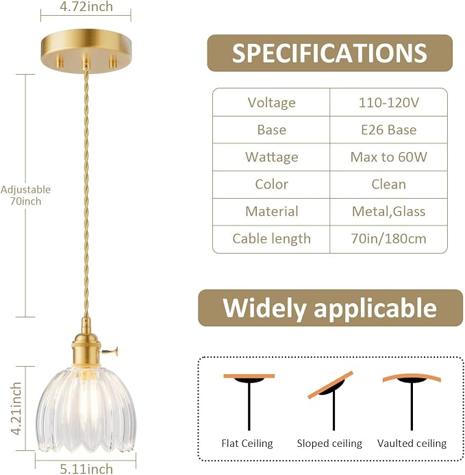 Ralbay Vintage Pendant Lights Kitchen Island,Clear Tulip Glass Shade,3Packs | Mini Pendant Light Fixture with Switch, Adjustable Brass Hanging Light for Bedroom, Dining Room, Hallway, Bar - Image 6