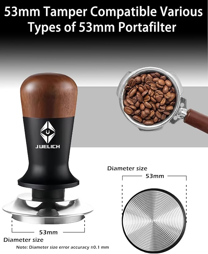 53mm Espresso Tamper with Wooden Handle – Spring-Loaded Coffee Distributor for Even Coffee Grounds – Barista Hand Tool, Stainless Steel Coffee Leveling Tool, Classic Coffee Accessories (53mm)
