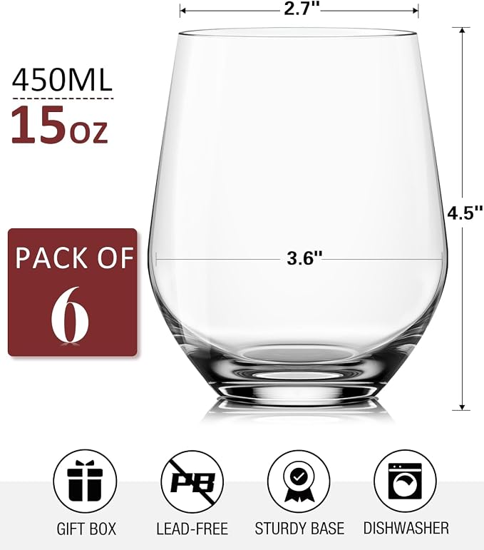 OJA Wine Glasses Set, Crystal Stemless Red Wine Glass, Set of 6, 15 oz | No Stem, Clear, Sturdy Drinking Glass for White Wine, Daily Use, Birthday, Wedding, Home Party, Anniversary, Shower Gift - Image 6