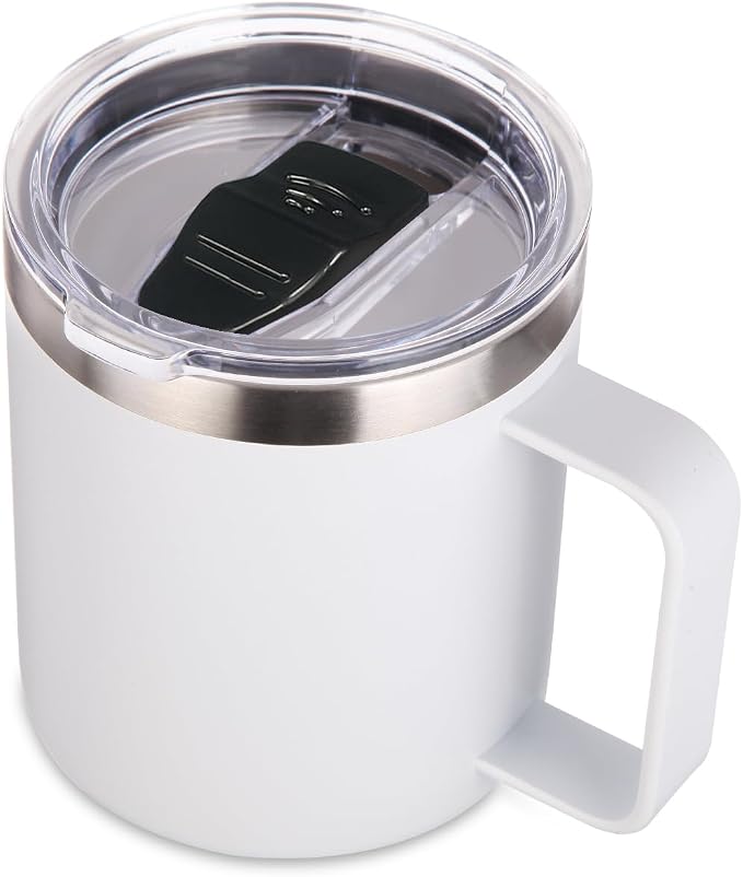 Volhoply 14oz Insulated Stainless Steel Coffee Mug with Leakproof Lid,Double Wall Vacuum Travel Coffee Cup with Handle,Reusable Metal Cups Tumbler,Camping Mugs Keep Hot/Cold,Ideal Gifts(White,1) by LiveFully%EF%BC%8CDrinkFreely%E2%80%94KeepGoingwithVolhoply%EF%BC%81
