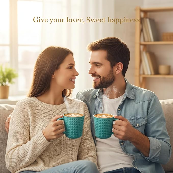 15 oz Ceramic Coffee Mugs Set of 4, Waffle Embossed Coffee Mug, Turquoise | Coffee Cups with Handle for Latte Cappuccino Tea Stoneware Mugs Set Housewarming Wedding Gift, Microwave & Dishwasher Safe - Image 4
