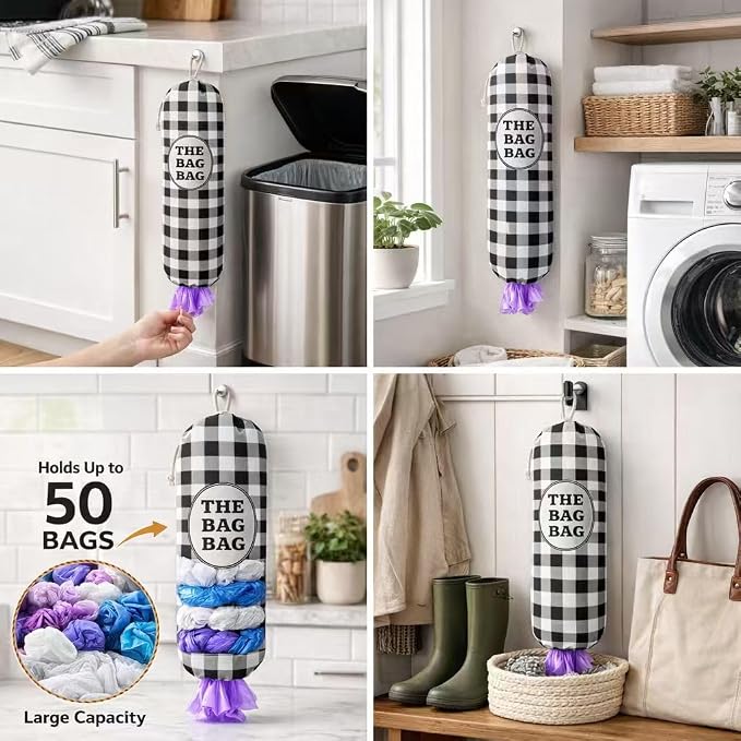 THE BAG BAG Plastic Bag Holder, Black and White Buffalo Check Plaid Grocery Bag Dispenser, Hanging Trash Bag Storage Organizer for Kitchen, Laundry Room, Pantry, Farmhouse Decor, Gifts For Grandma Mom - Image 2