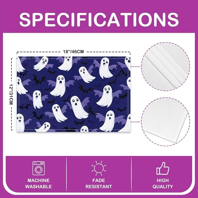 Feelyou Happy Halloween Placemats Set of 4 Cute Ghost Table Mats for Party Kitchen Dining Decoration Deep Purple White Place Mat for Table Holiday Decor Indoor Outdoor 18"x12" Non-Slip Easy to Clean - Image 4