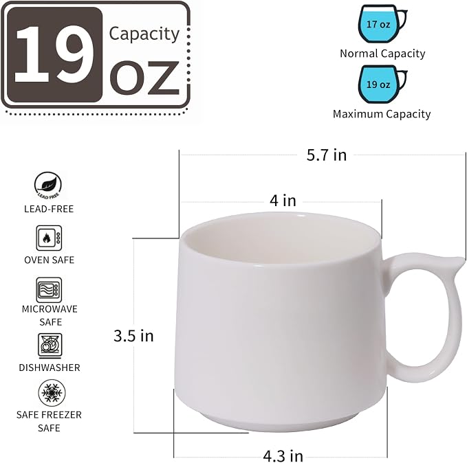 Coffee Mugs Gift Set of 4, Large 19 oz Stackable Ceramic Coffee Mug, Coffee Cups with Large Handle for Latte, Cappuccino, Milk, Dishwasher & Microwave Safe, Ideal Gift for Men, Women - White - Image 2
