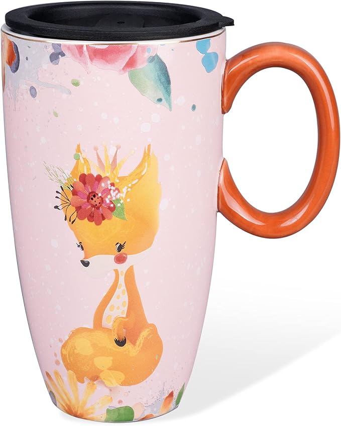 Fox Mug 20 oz Ceramic Travel Mug Porcelain Large Coffee Mug with Lid Kawaii Cup Fox Gifts for Women Housewarming Holiday Birthday Gifts for Women Mom Kids Men and Friend by ToCooTo