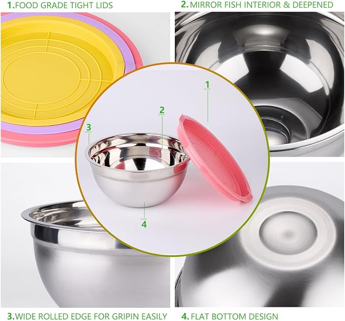 Leidawn Mixing Bowls with Lids for Kitchen - 25 PCS Stainless Steel Nesting Colorful Mixing Bowls Set for Baking,Mixing,Serving & Prepping,Size 5, 3.7, 2.8, 2.3, 1.7, 1.1, 0.7QT,11 Cooking Utensils - Image 2