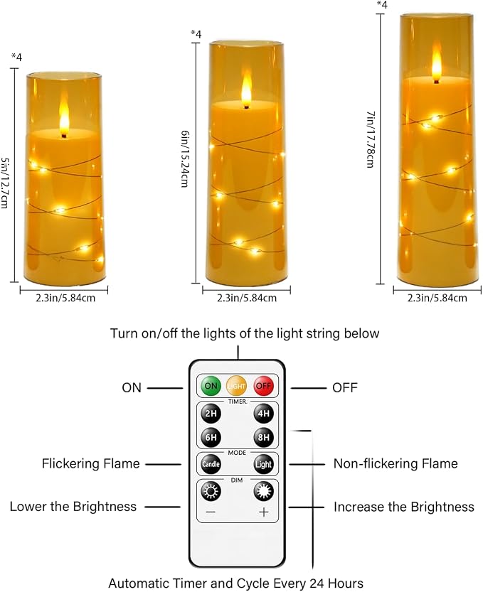 Sasigeiaa Flameless Candles with Embedded Star String - Battery Operated LED Candles, with Remote,12 Gold Flickering Candles for Christmas, Weddings, Home Decor & Party,(D 2.3"×H 5" 6" 7") - Image 3