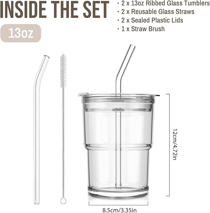 SoulTimes 13oz Clear Glass Tumbler with Lid and Straw – Iced Coffee Glasses Cups for Smoothie, Matcha, Juice, Water etc. Leakproof and Reusable Glassware Drinking for Travel To Go [2Pcs] - Image 4