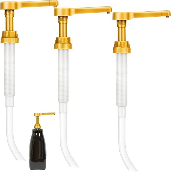 Tanlade 3 Pcs Coffee Syrup Pump Dispenser Sauce Dispenser Pumps for Syrup Bottles 64 Oz, Gold
