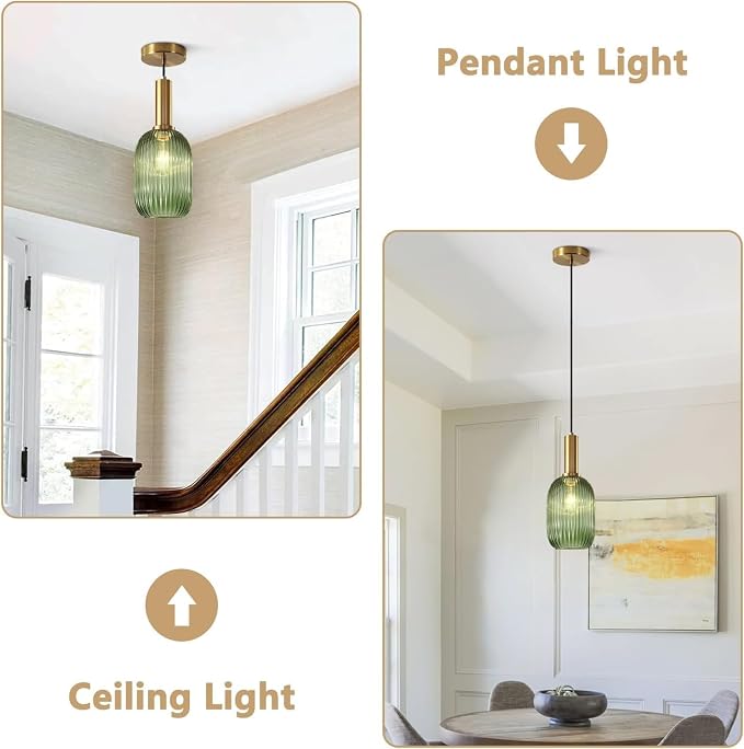 KCO 5.1” Mini Vintage Ribbed Glass Pendant Light Brass Gold Hanging Light | E26 Bulb Hardwired, Adjustable Cord Mid Century Modern Ceiling Lamp for Sloped Ceiling Kitchen Island Dining Room Bar Bedroom - Image 3