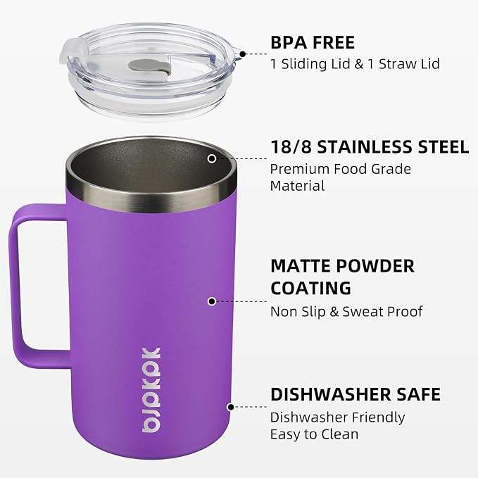 BJPKPK 25oz Insulated Coffee Mug with Handle, Stainless Steel Travel Mug | Keeps Drinks Hot & Cold, Double Wall Vacuum, 2 Lids Included, BPA-Free Coffee Tumbler for Home, Office & Travel - Image 2
