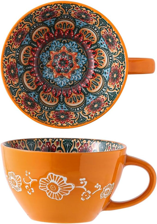 Bohemian Hand-Painted Ceramic Mug, 15 Oz Large Coffee Cup for Milk, Tea, and Breakfast, Dishwasher & Microwave Safe Artisan Cup, Orange by Unknown