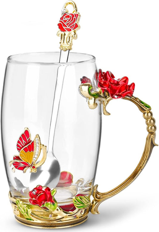 OEAGO Gifts for Women Mom Mothers Tea Cup Best Birthday Butterfly Rose Gifts for Her from Daughter Son Glass Coffee Christmas Enamels Mug Lead-Free with Spoon Set by OEAGO