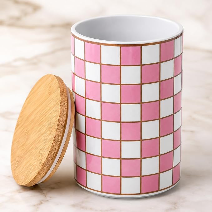 Kitchen Countertop Ceramic Checkered Canisters,Black And White Food Storage Containers With Lid,Airtight Kitchen Canisters for Flour, Sugar, Coffee, Tea, and Dry Goods (Pink, XL) - Image 5