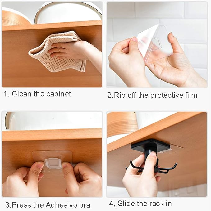 2pcs Under Cabinet Kitchen Utensil Hooks,360° Rotating Drilling Free Adhesive Utensils Hanging Rack for Tools/Towel/Knife (Black) - Image 6