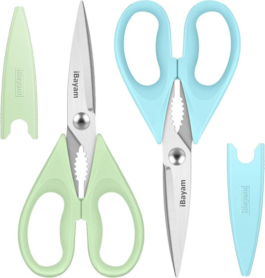 iBayam 8.7" Heavy Duty Kitchen Scissors All Purpose 2-Pack –Pistachio/Blue | Sharp stainless steel blades, cut meat, chicken & vegetables. Ergonomic comfort grip, dishwasher safe, includes blade covers by iBayamDirect