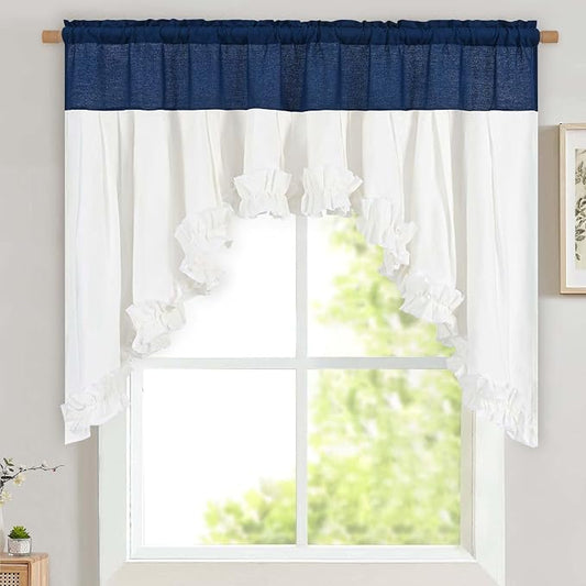 Likiyol Linen Valances for Windows Farmhouse Ruffle Swag Valance Rustic Country Window Valances Light Filtering Kitchen Curtains Rod Pocket Valance Curtains for Bathroom, Navy Blue White, 60"W x 36"L by Likiyol