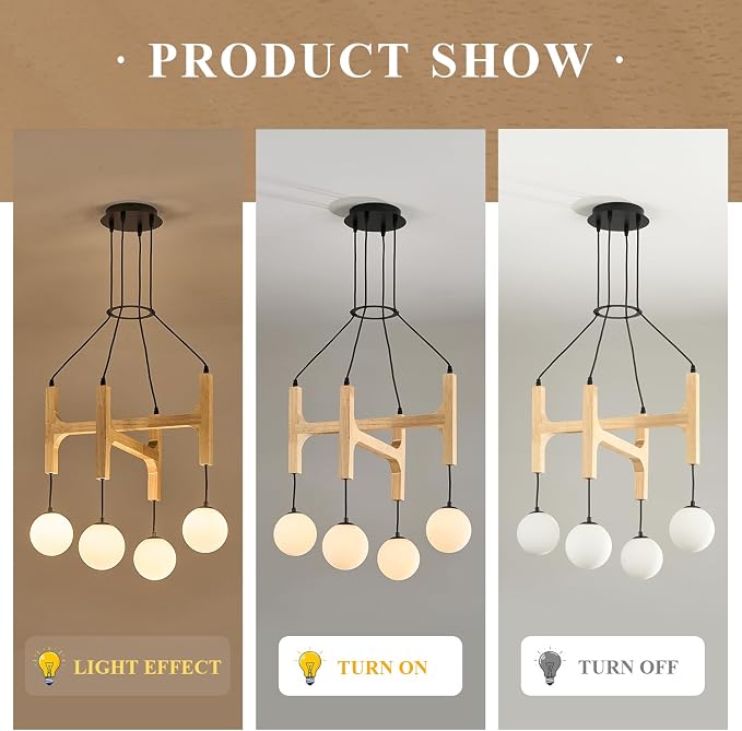 Natural Farmhouse Wood Chandeliers Vintage Milk Glass Pendant Light L24 '' Mid Century Long 4-Light Hanging Fixture for Living Dining Room Entryway Foyer Bedroom Kitchen,G9 - Image 7