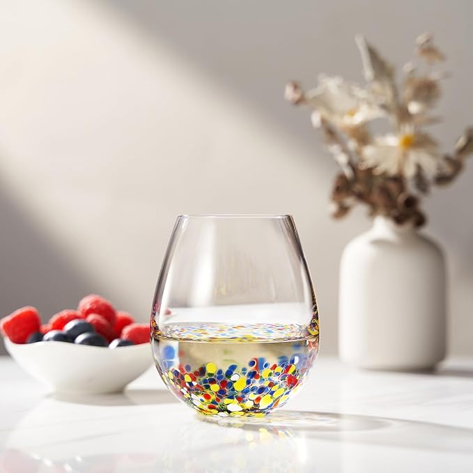 Large Stemless Wine Glasses – Set of 2-14oz Luxury Hand Blown Confetti Margaritas, Martini, Cocktails, Water, Wine, Dessert & Champagne Glasses Cinco de Mayo, Hand Blown - Mexican Confetti Glass - Image 7