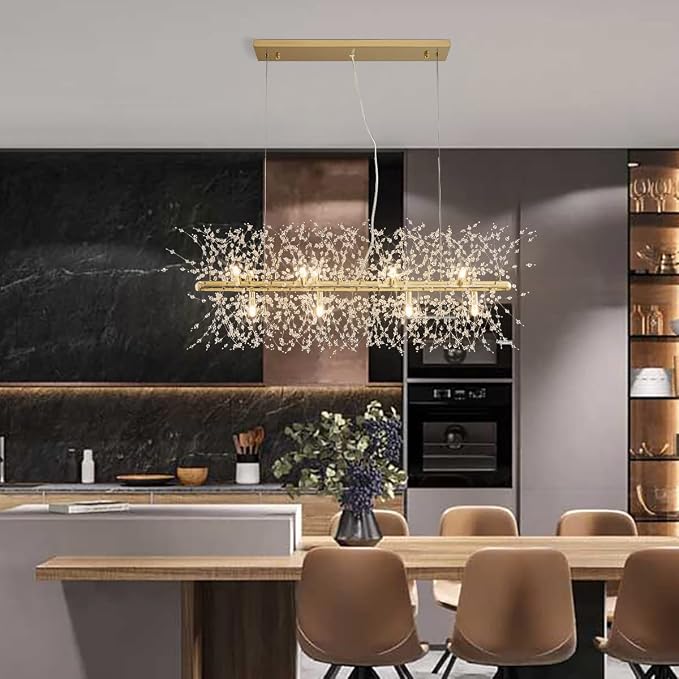 Modern Gold Crystal Firework Chandelier Linear Lighting Fixtures | 35.5" Sputnik Ceiling Light Fixture Rectangular Hanging Pendant Light for Kitchen Island Dining Room Living Room 12-Lights by KJLARS