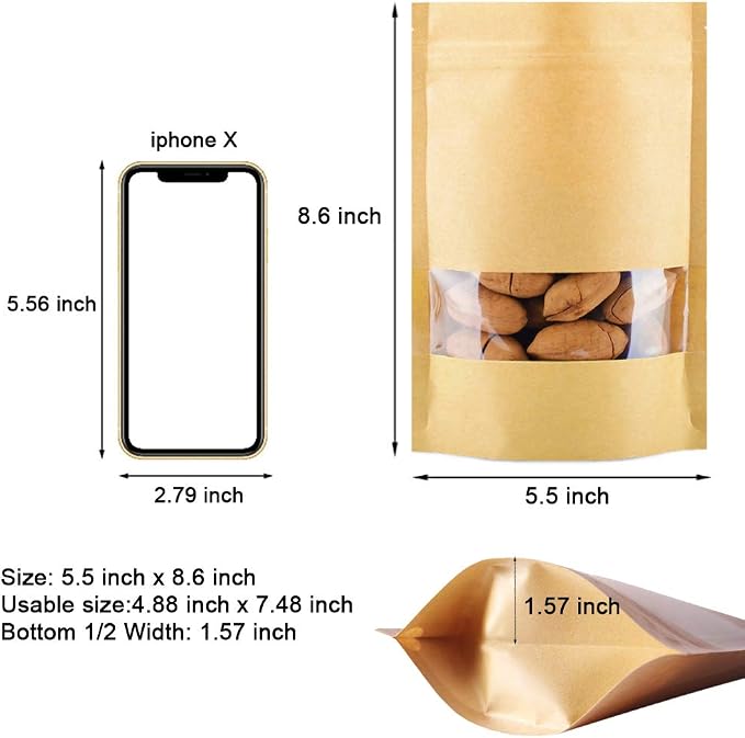 100 Pcs Resealable Stand Up kraft Paper Bags with Window for Packaging Products, Reusable Zip Lock Food Storage Pouch Bags (5.5" x 8.6") - Image 3