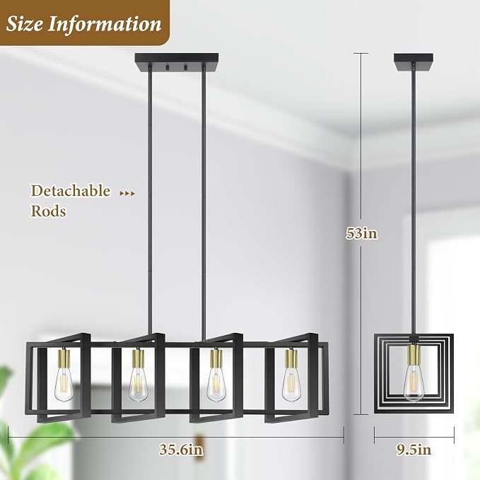 4-Light Dining Room Light Fixture, 53’’ Farmhouse Wood Chandelier Kitchen Island Lighting Over Table, Modern Black Gold Rectangular Hanging Pendant Light Fixture for Living Room, E26 Sockets - Image 6