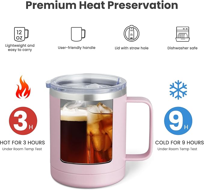 MEWAY 12oz Coffee Mug With Handle and Sliding Lid,Stainless Steel Travel Tumbler Cup with Handle,Double Wall Vacuum Insulated Camping Cup for Hot & Cold Drinks Tea (Pink,Set of 1) - Image 2