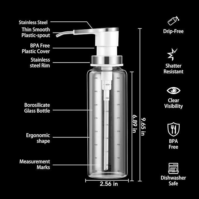 Coffee Syrup Dispenser, Sauce Pump Dispenser, 17 oz Glass Bottle with Stainless Steel Pumps, Leak-Proof, Food Grade Pumps for Honey, Syrups, Oil, Condiments, Salad Dressings and More (3)