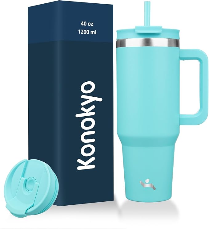 Konokyo 40 oz Insulated Tumbler Water Bottle with Handle, Straw Lid | BPA-free and dishwasher safe; made for gym, travel, coffee and gifting, 2 straws, cup holder friendly,Turquoise by Konokyo