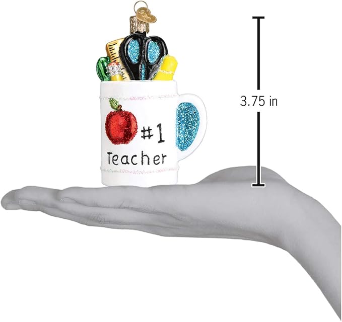 Old World Christmas 32318 Gifts Glass Blown Ornaments, Best Teacher Mug 3.75 X 2.25 X 1.75